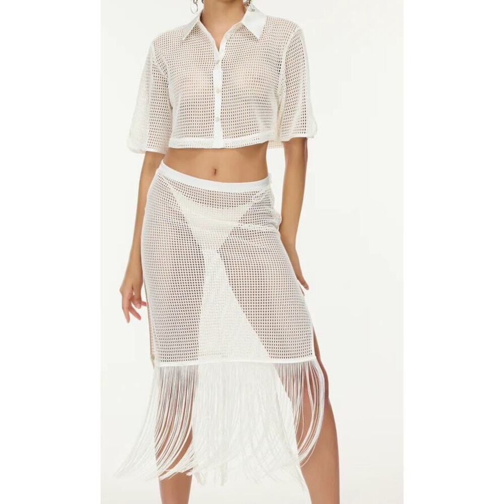 Emily in Paris X My Beachy Side Fringe White Mesh Skirt Size Small